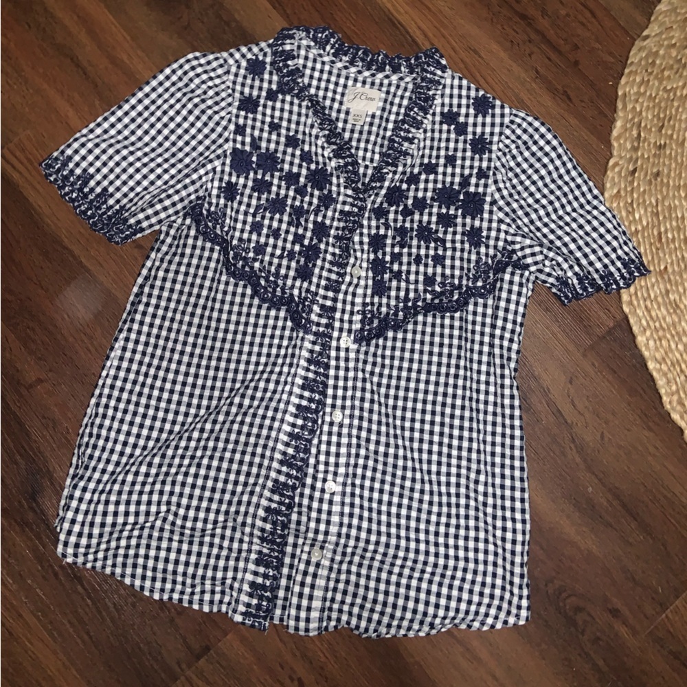 J Crew Embroidered Navy Gingham Button Up Top Short Sleeve Ruffle fall casual - Picture 3 of 4